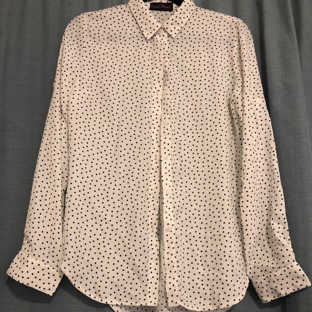 White Button Up Blouse with Black Squares